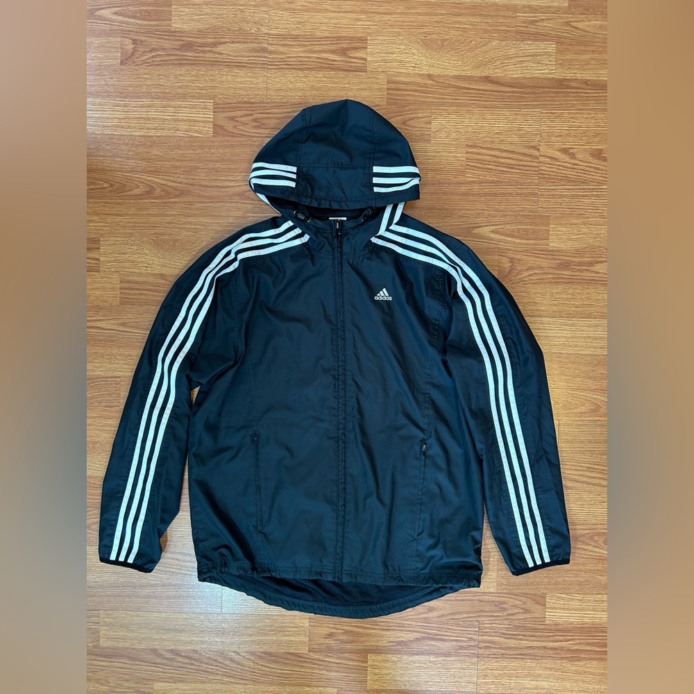 Men’s Adidas 3 Stripe Black & White Zip Front Hooded Windbreaker size Small